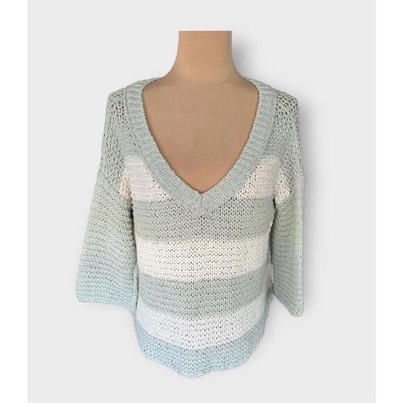 Free People Women’s S Parkslope Stripe Mint Ivory Pullover Sweater - Picture 5 of 13